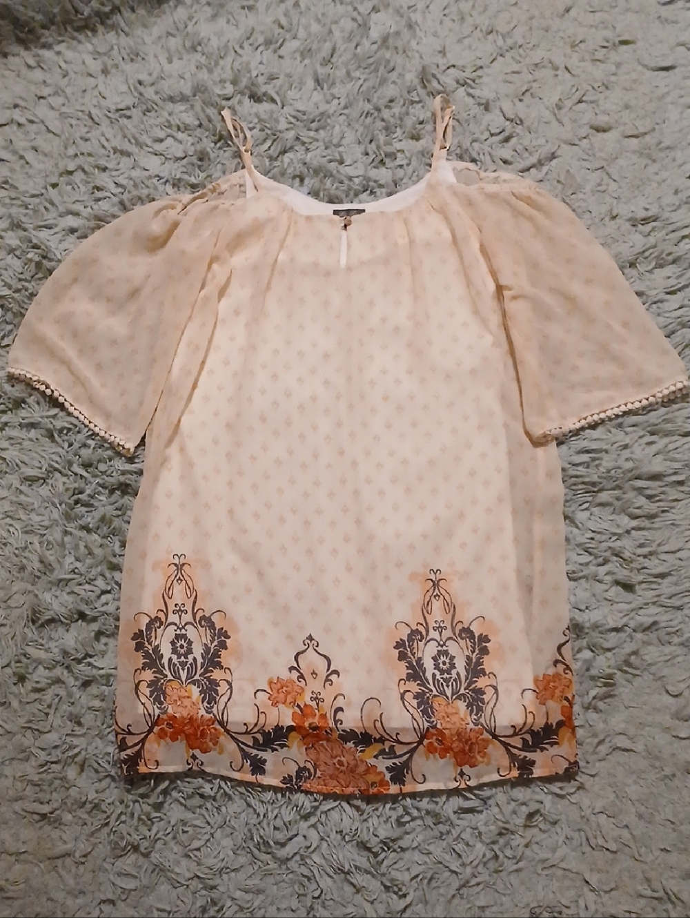 Cream Cold-Shoulder Tunic/Dress with Peach Detal And Floral Border